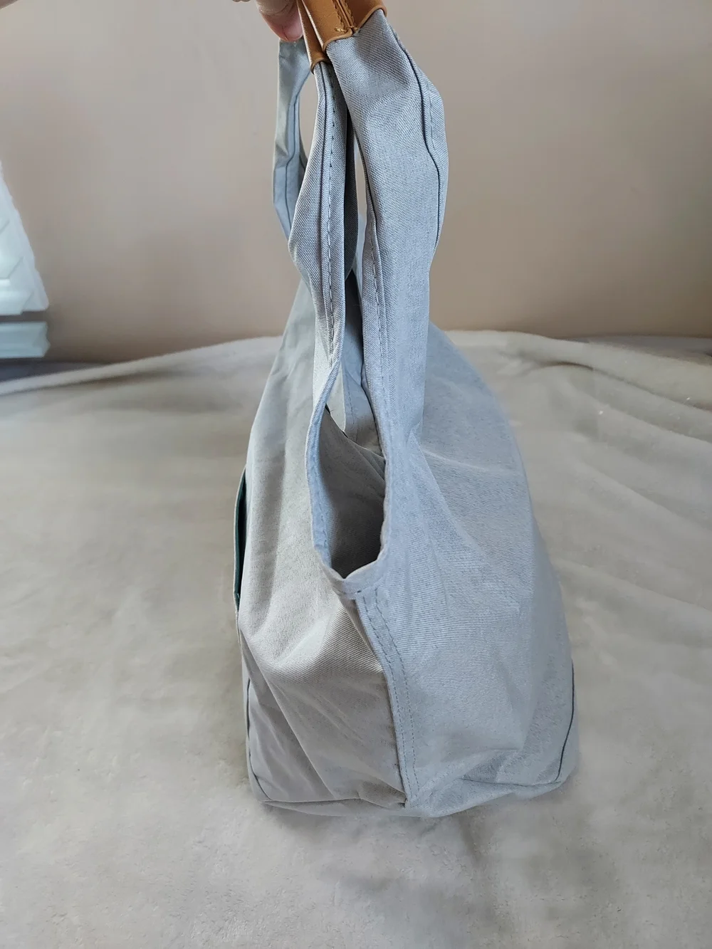 Light Gray Baby Tote Diaper Shoulder Bag with Tan Wrapped Handles